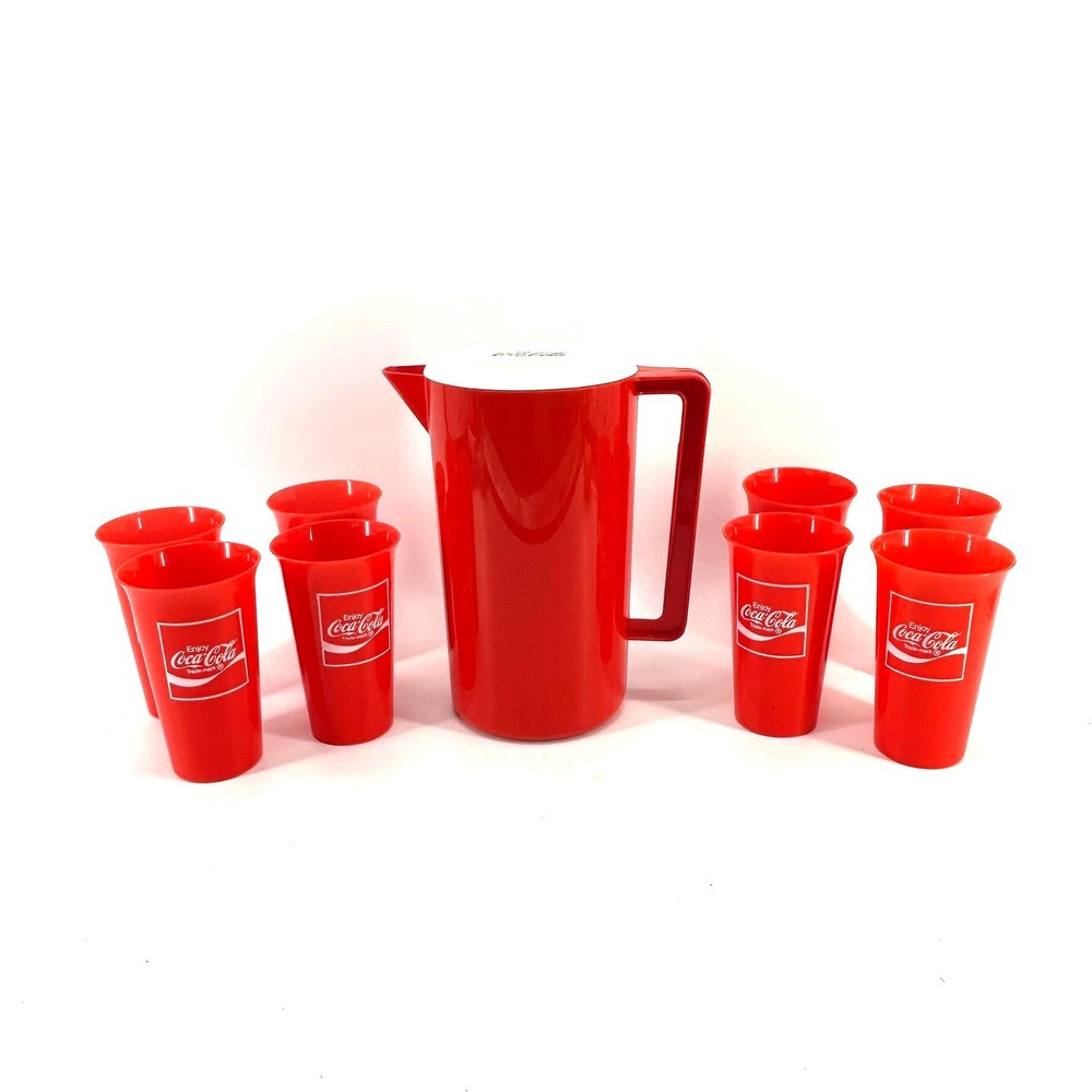 Vintage Coca-Cola Red Plastic Pitcher & 8 Cup Tumbler Set Coke Soda Collectible